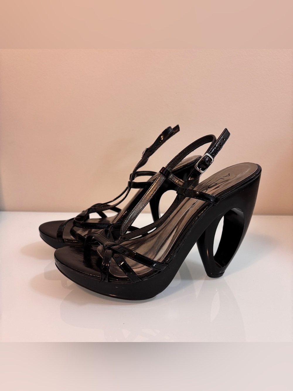 Aldo Black Cutout Sculptural Heel Strappy Sandals